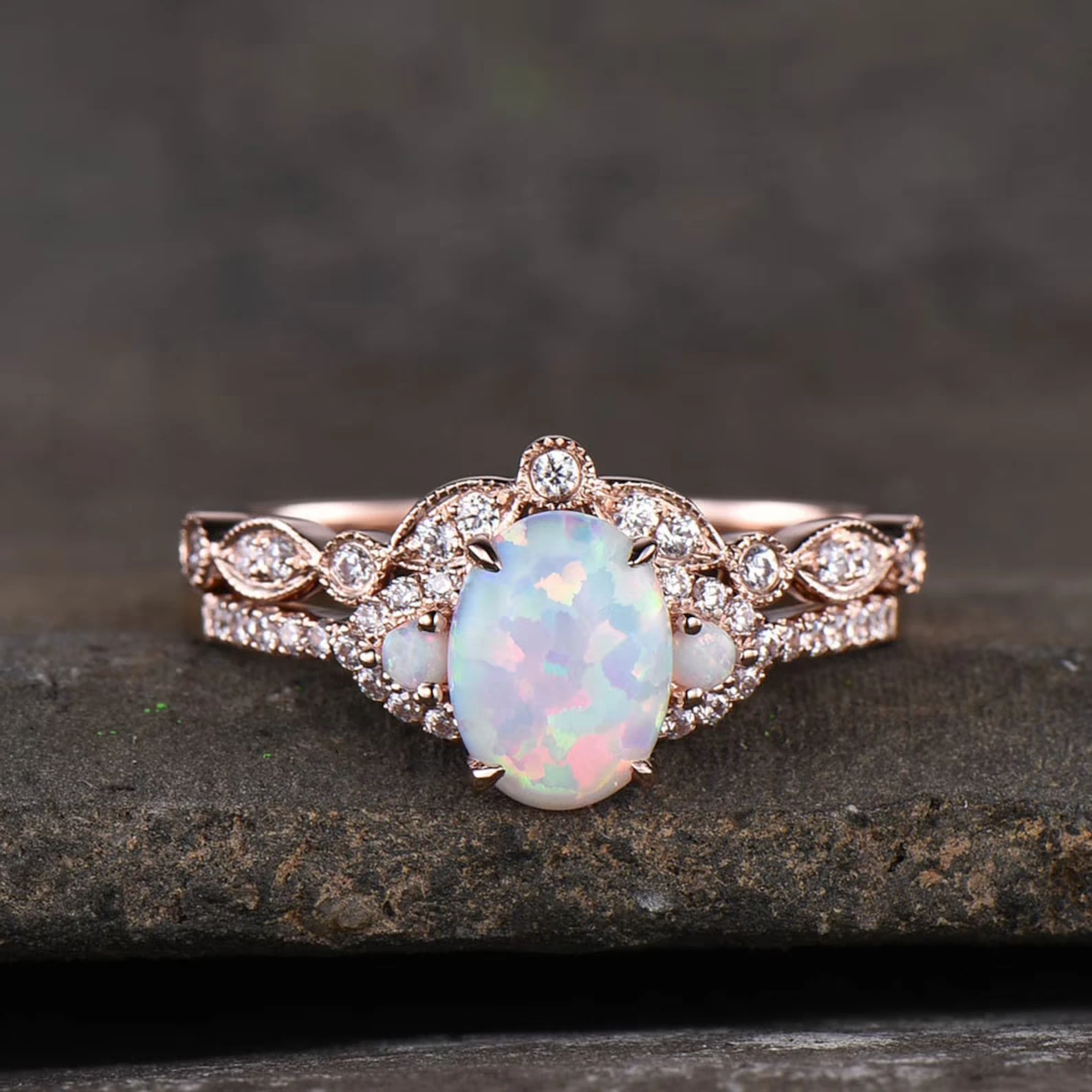 Opal diamond deals wedding ring